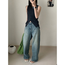 【特价不退换】怀旧蓝拼接蕾丝口袋宽松慵懒牛仔裤女拖地裤901552