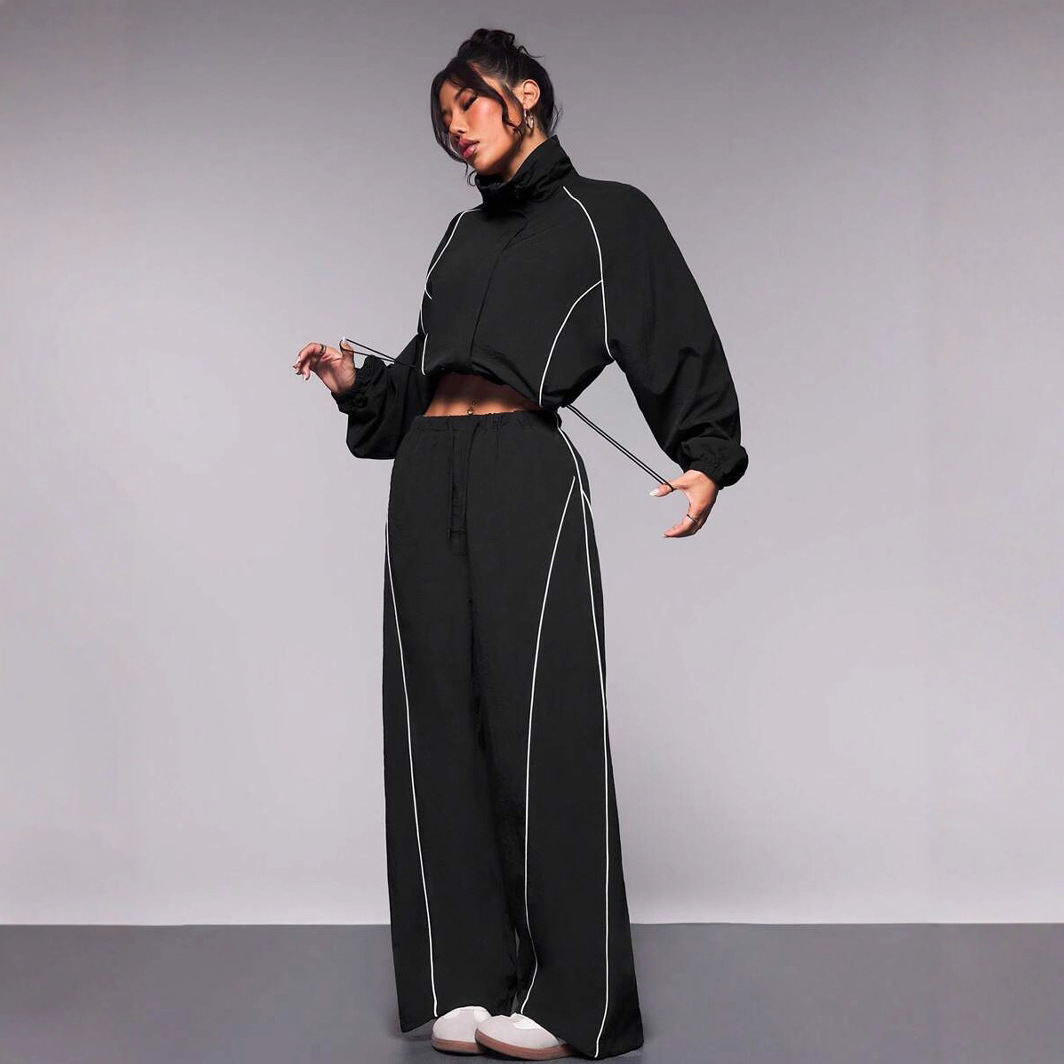 European and American Independent Station Cross-Border New Casual Women's Fashion Color-Blocking Drawstring Sports Jacket and Pants Two-Piece Set