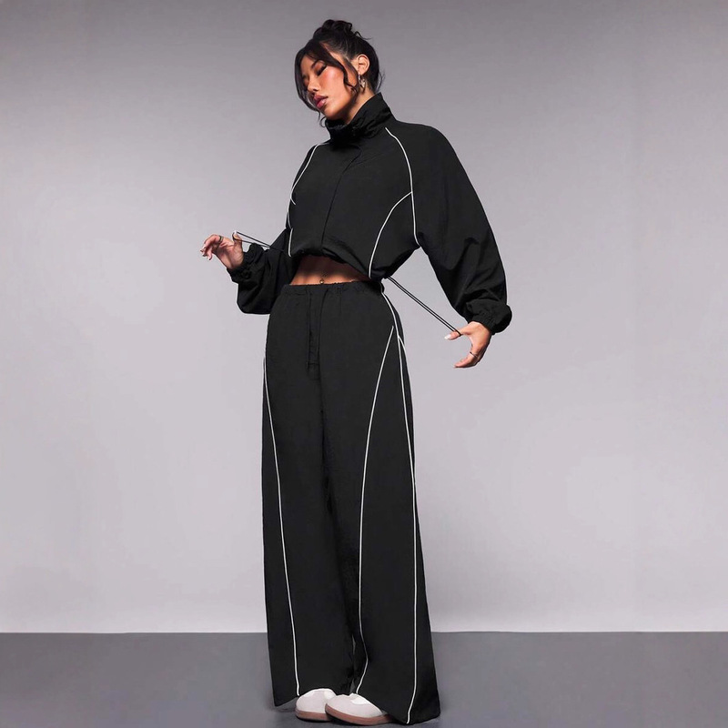 European and American Independent Station Cross-Border New Casual Women's Fashion Color-Blocking Drawstring Sports Jacket and Pants Two-Piece Set European and American Independent Station Cross-Border New Casual Women's Fashion Color-Blocking Drawstring Sports Jacket and Pants Two-Piece Set