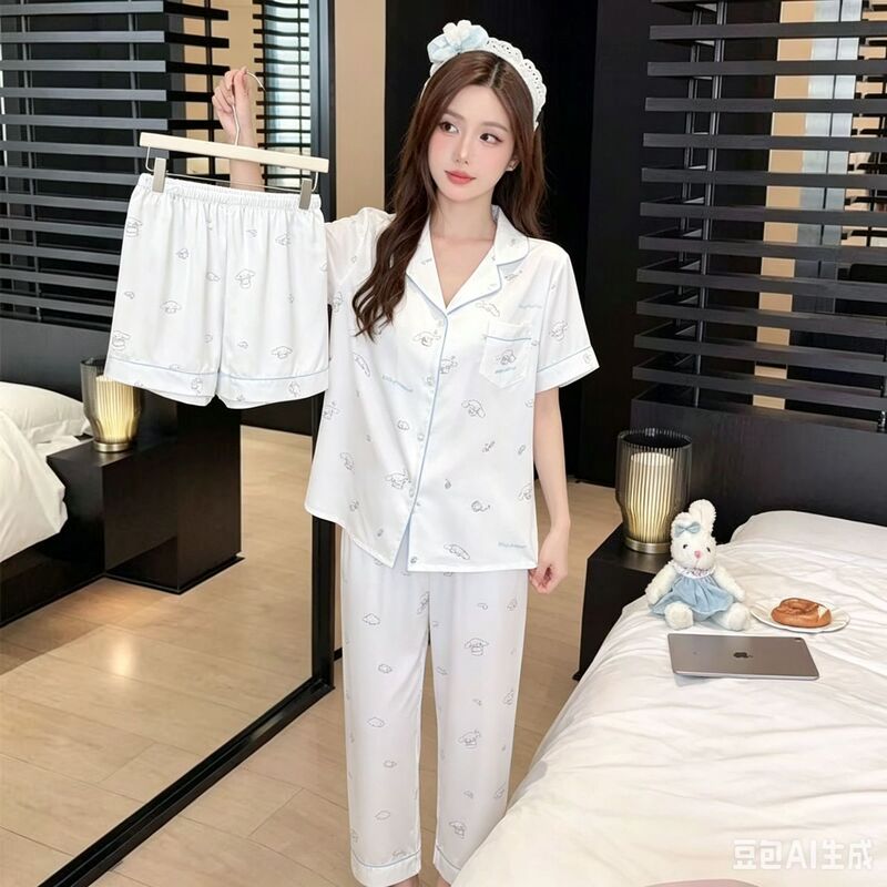 [Cinnamon Dog] Three-Piece Pajamas Set for Women, Spring and Autumn Style, Ice Silk Cartoon Home Wear, Summer Thin Clothing Set