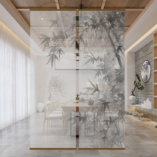 新中式水墨竹画双面透景屏风纱卷帘隔断帘挂帘窗帘玄关透光纱帘-阿里巴巴