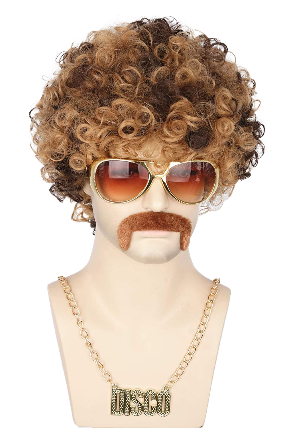Pelo rizado marrón mezclado + barba + Gafas + Collar DISCO
