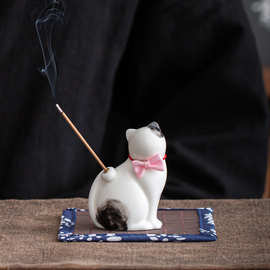 创意可爱小猫咪陶瓷香薰炉摆件萌猫茶宠客厅家用线香插香器檀香道