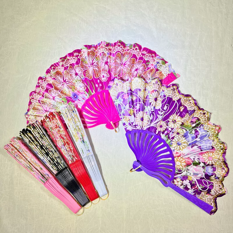 龙骨扇子中国风花边扇印花金粉塑料扇绸布扇旗袍舞蹈扇批发外贸