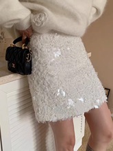 白色亮片半身裙女春小香风重工高定轻奢包臀裙辣妹高腰A字短裙子