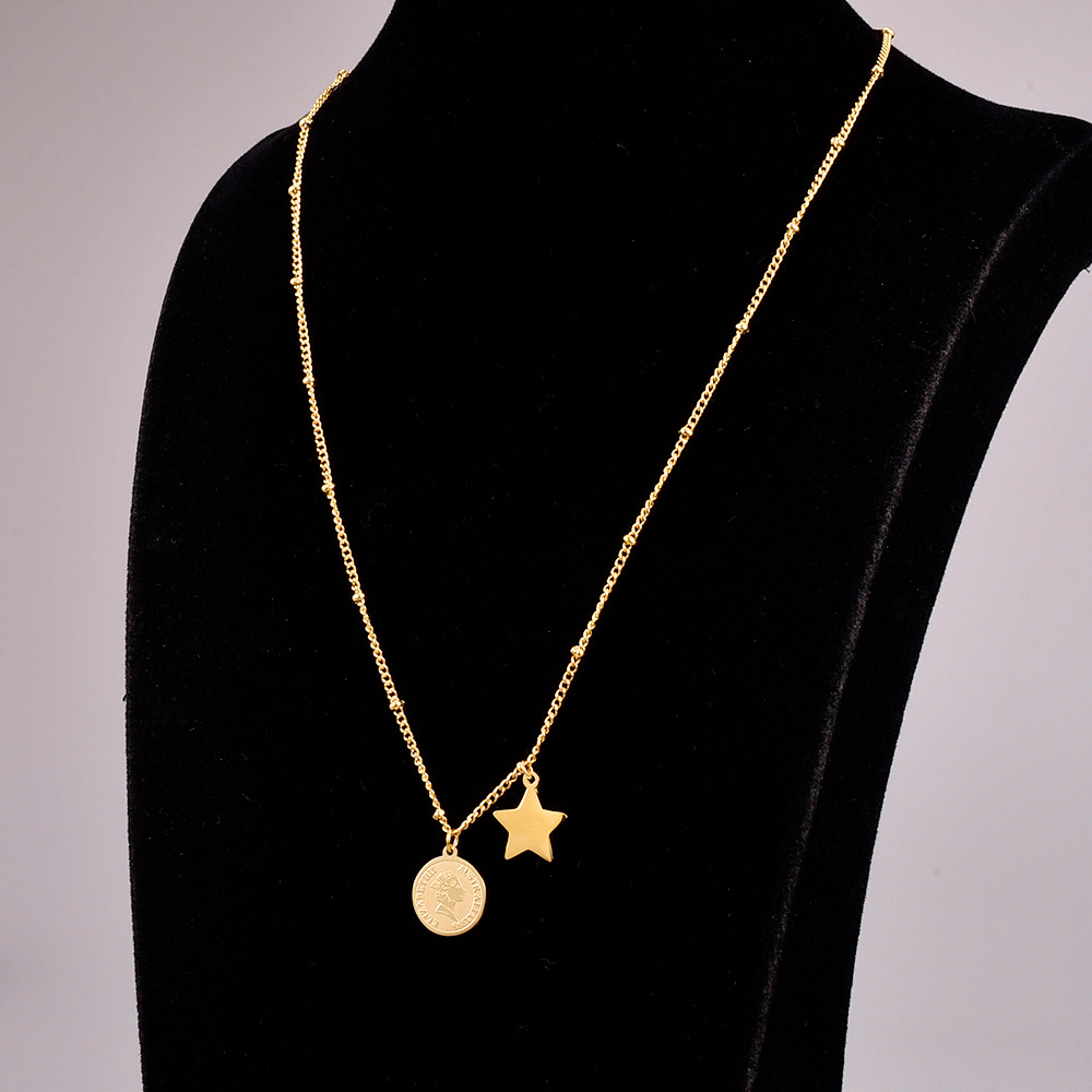 Simple Clavicle Chain Five-pointed Star Fashion Double Pendant Titamium Steel Necklace display picture 1