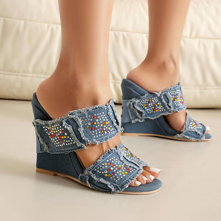 Thick-soled increased sandals flash diamond wedge heel simple women's shoes denim light blue non-refundiable microfiber round toe