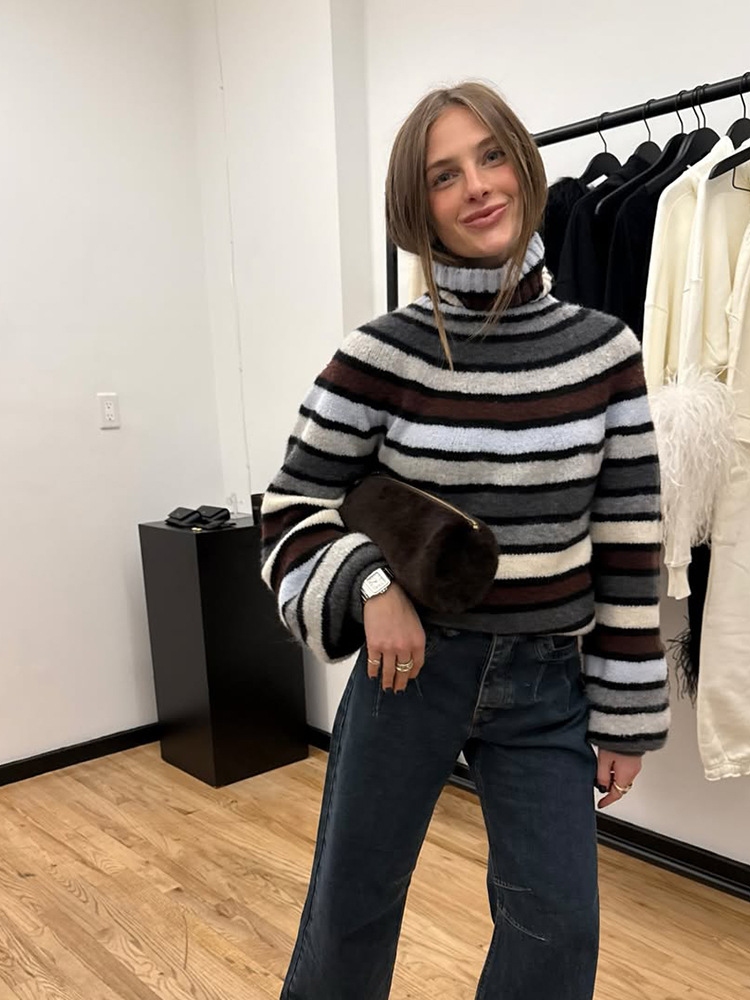 Moda a rayas de moda exterior de cuello alto suéter de color contraste chaqueta mujer 2025 otoño y invierno nuevo estilo europeo y americano transfronterizo image 4