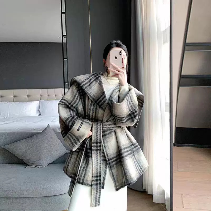 Популярное онлайн популярное 2023 осенне-зимнее Новое двустороннее шерстяное пальто с темно-синим воротником Клетчатое Однотонное шерстяное пальто в наличии