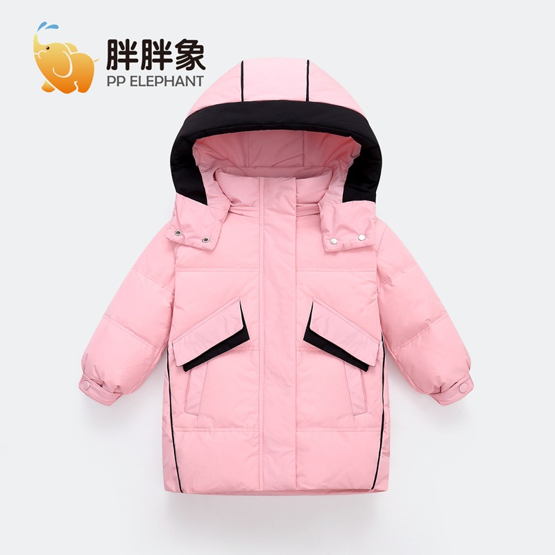 Chubby elefante invierno niños y niñas ropa infantil chaqueta infantil mediana y grande para niños color a juego con capucha cálido pato blanco abajo abrigo largo