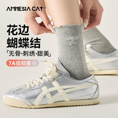 芭蕾風花邊蝴蝶結襪子棉襪堆堆襪透氣無骨襪miu風中筒襪女新款