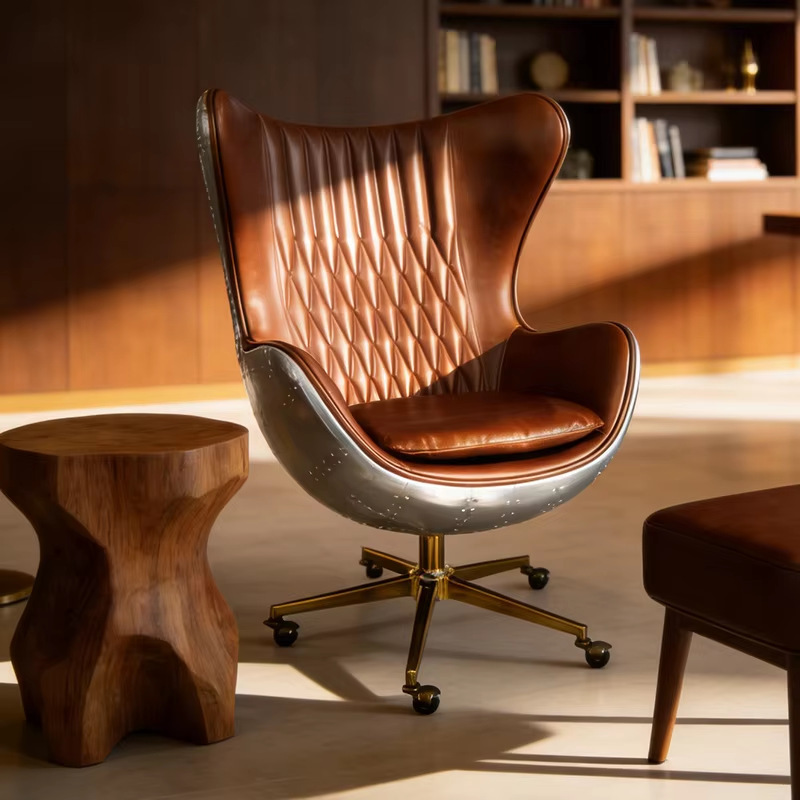 Pilot Chair in Retro Industrial Style with Brown Genuine Leather Cushion, Aluminum Swivel Base, and Medieval Knight Armchair