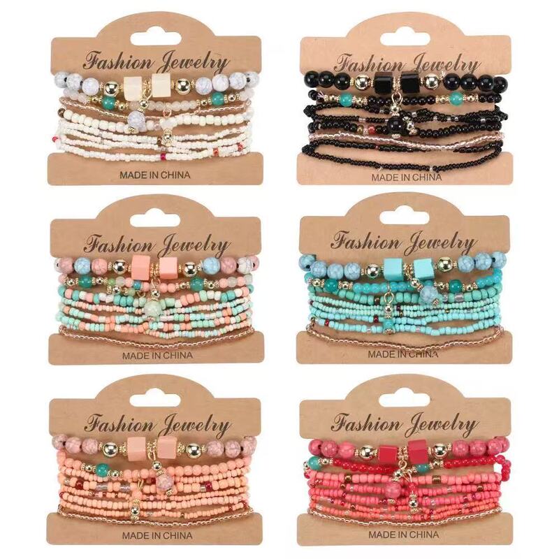 Cross-Border Hot Selling Bohemian Elastic Rice Beads 8-Piece Set of Bracelets for Women Seaside Vacation Beach Beads Wholesale