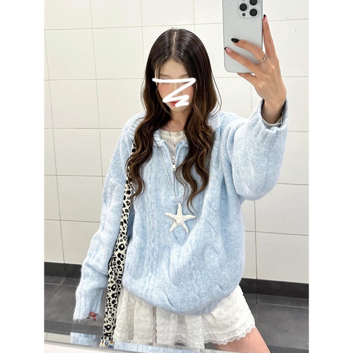 蓝色麻花翻领毛衣女2025新款奶fufu慵懒风韩系秋冬季穿搭针织上衣|undefined