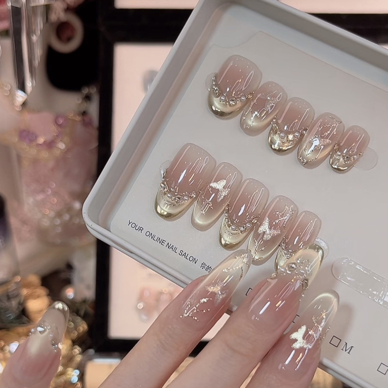 【Golden Butterfly】Purely Handmade Wearable Nails, Luxurious Cat-Eye Butterfly, High-Grade, Brightening, Wearable, Handmade Nails