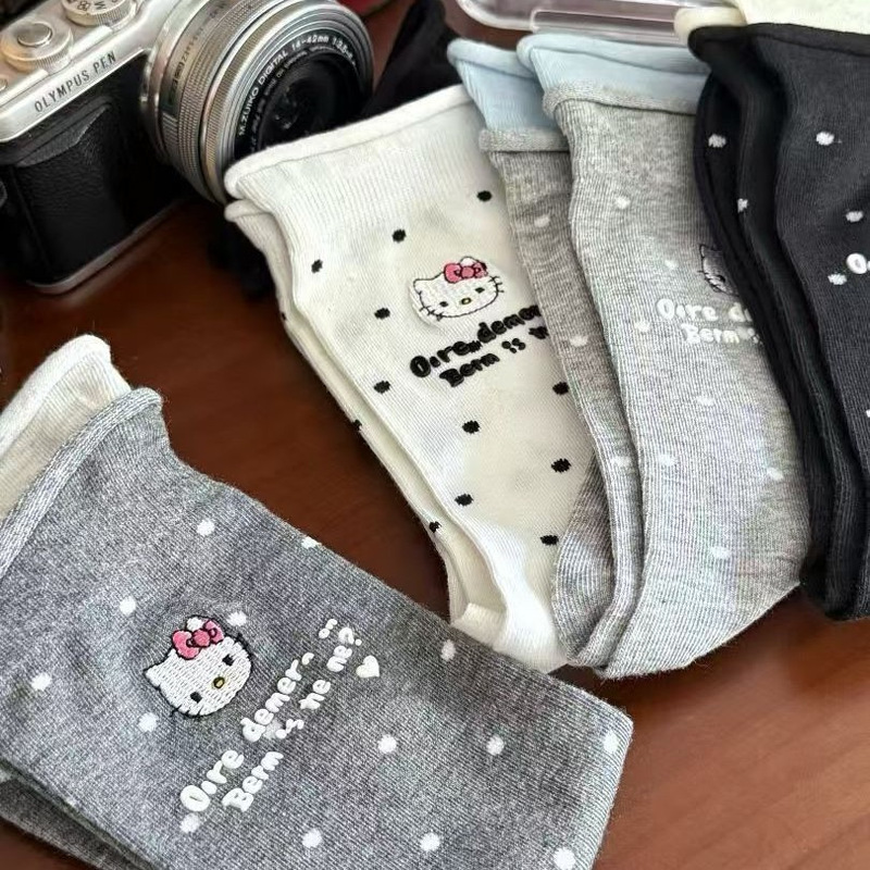 波点袜子女春夏薄款可爱Kitty撞色双罗口时尚中筒袜韩版卡通潮袜|undefined