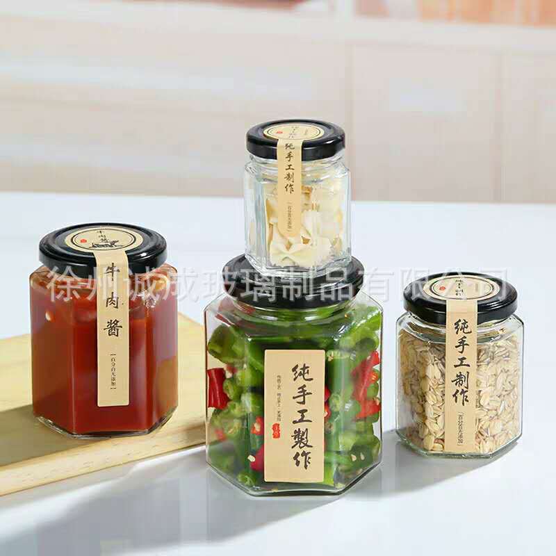 六棱蜂蜜瓶玻璃密封罐辣椒酱菜瓶果酱罐头瓶空瓶子储物罐带盖批发