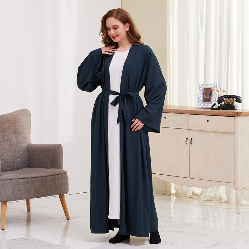 Muslim Cardigan Robe For Women Solid Colour Tie-up Dubai Style_voghion.com