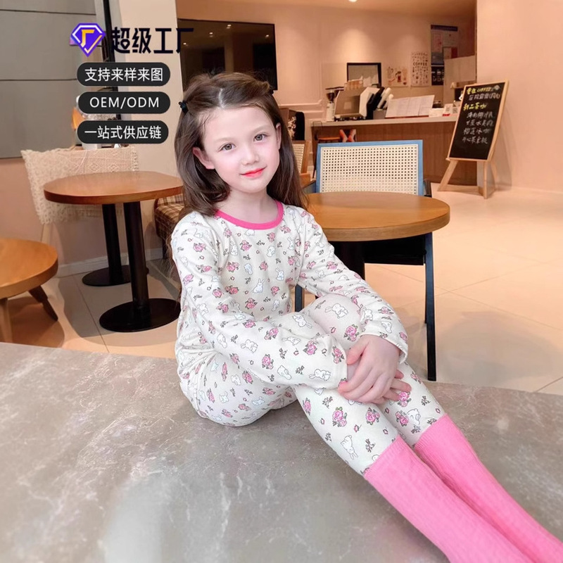 Customizable K-Style of Class a Pure Cotton Kidsren's Boneless Autumn Clothes and Long Trousers Set, Autumn and Winter Warm Baby Intimates Brushed