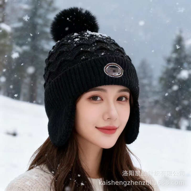 冬季时尚拼色针织帽子骑行护耳帽女防风帽子大头围保暖加厚毛线帽|undefined