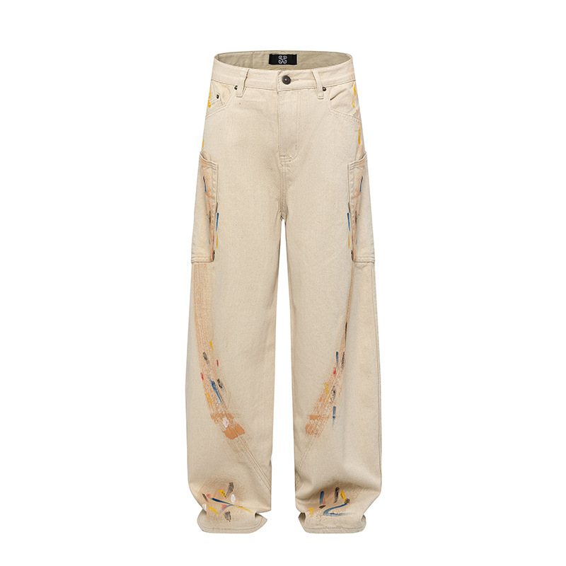 American street style off-white curved wide-leg pants for men and women, distressed rainbow graffiti, large side pockets, drapey floor-length denim for men