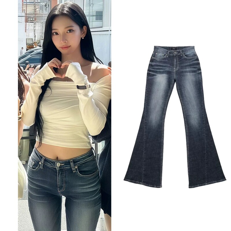 Rei Yoshino, the Same Style as Liu Zhimin, Has a Unique Design Synerjyn Slim-Fit Low-Rise Flared Jeans with Three Labels