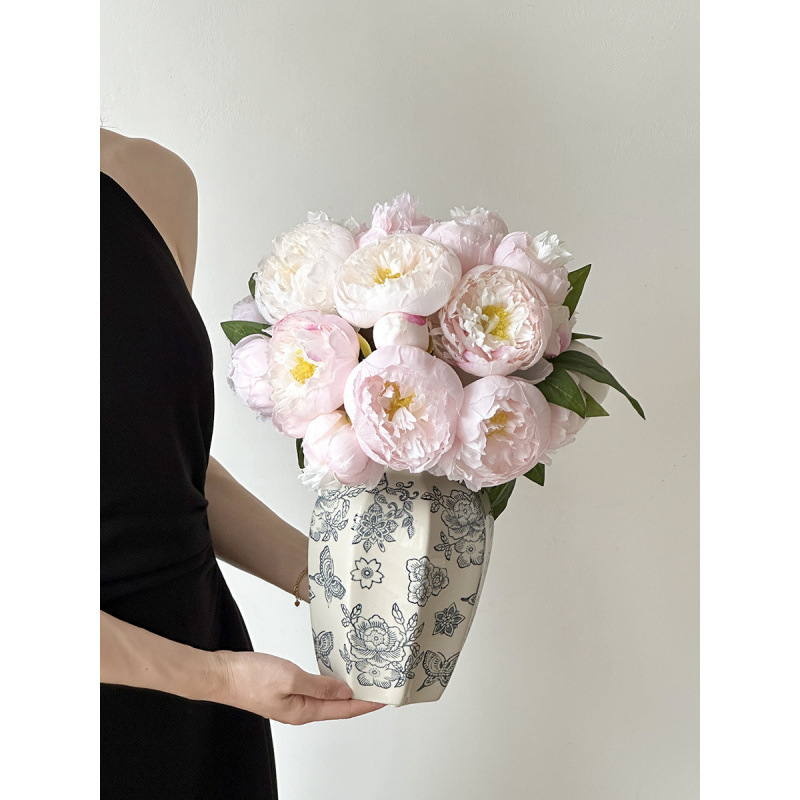 Nuevo jarrón de cerámica azul china nueva decoración de estilo chino sala de estar floral decoración de vestíbulo de estilo antiguo peonía floral