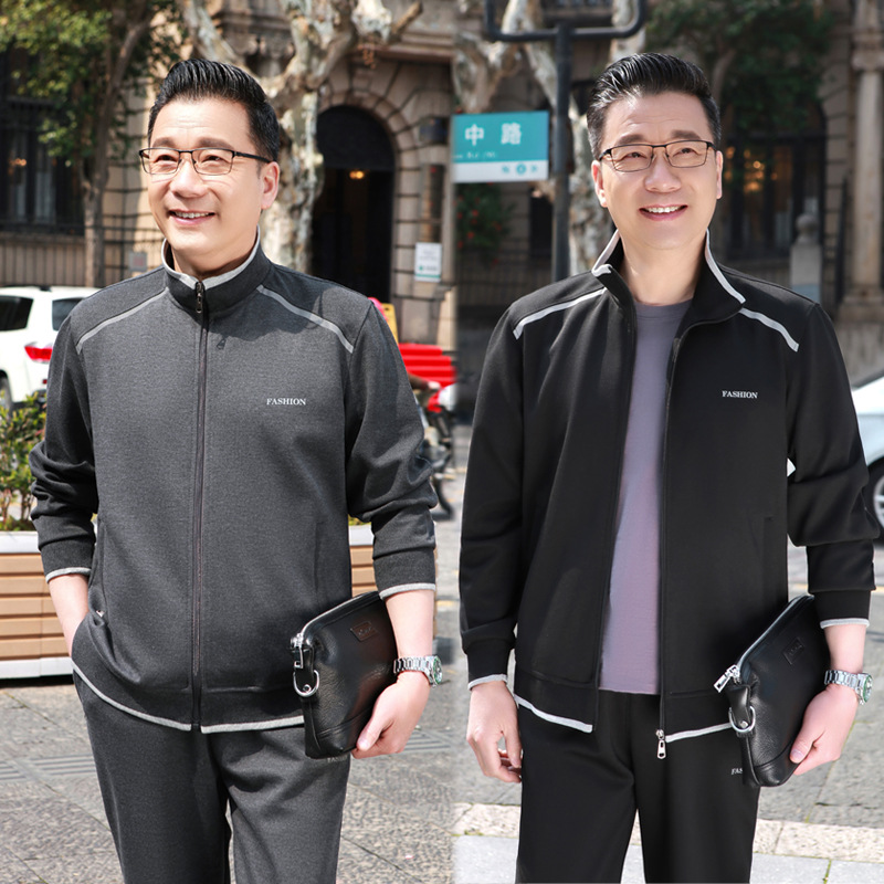 봄과 가을 스포츠 세트 남자 캐주얼 느슨한 재킷 아빠의 의류 중년 남성 가을 옷 투피스 세트