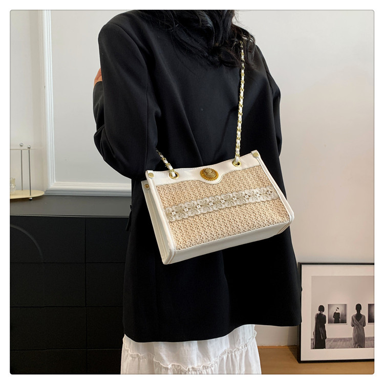 Women's Medium Straw Color Block Vacation Classic Style Weave Zipper Tote Bag display picture 6