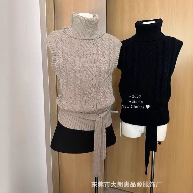 2025 Hot-Selling Coarse-Knit Three-Dimensional Cable Knit High-Neck Sweater Vest with Small Flutter Sleeves and Belt, Available in Two Colors 2025 Hot-Selling Coarse-Knit Three-Dimensional Cable Knit High-Neck Sweater Vest with Small Flutter Sleeves and Belt, Available in Two Colors