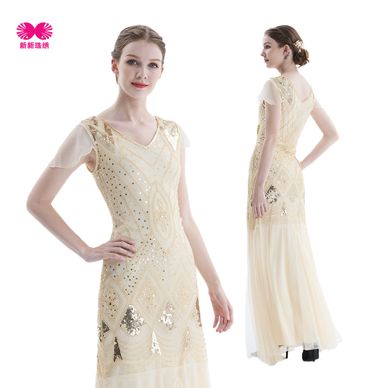 1920s Comercio exterior nuevo bordado hecho a mano con cuentas lentejuelas Amazon vestido europeo y americano banquete vestido pequeño lote