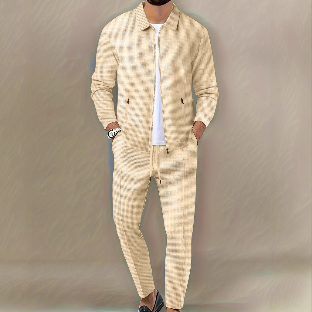 Europa y Estados Unidos hombres transfronterizos Amazon waffle zipper chaqueta deportiva casual manga larga pantalones largos set de solapa