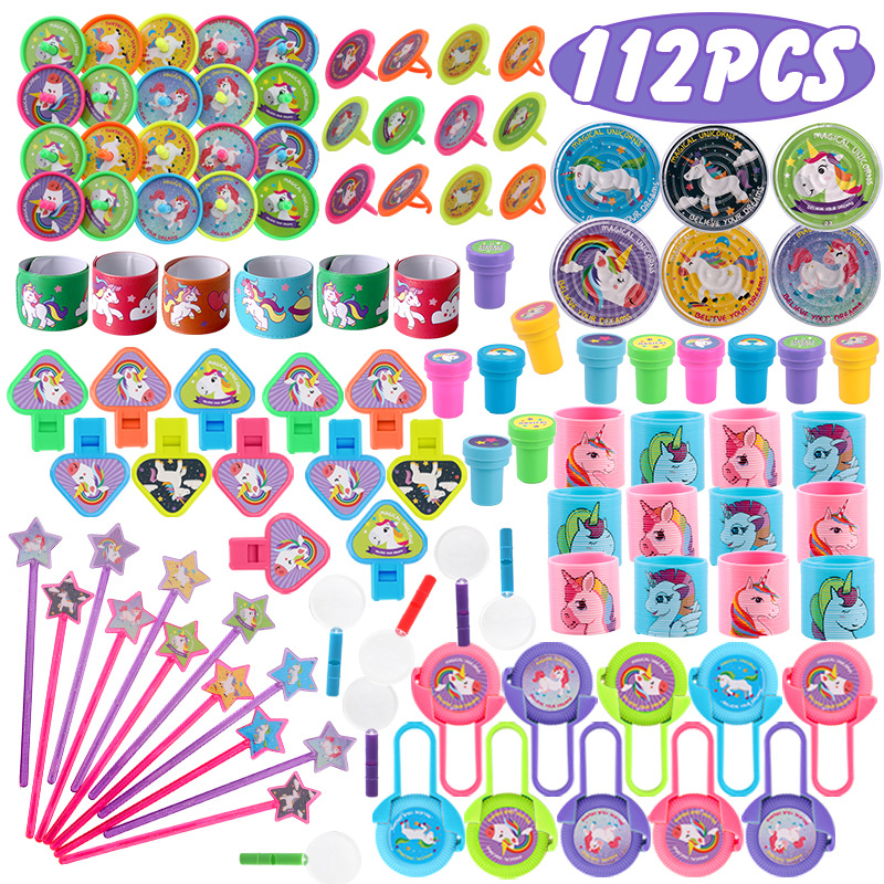 儿童卡通独角兽玩具套装112pcs节日活动礼品礼物印章溜溜球彩虹圈