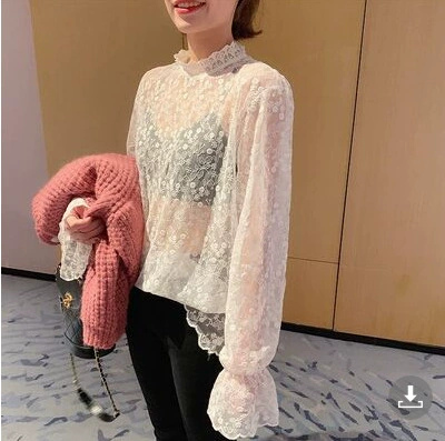 Кружевная рубашка для женщин, весенний новый корейский стиль, сетчатый внутренний кружевной воротник, супер сказочный стиль, низкий топ на флисовой подкладке