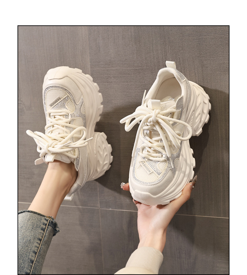 Giày sneaker nữ chunky đế dày lưới thoáng khí đính đá rhinestone — màu be chi tiết 14