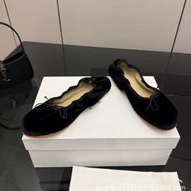 真皮~蝴蝶结浅口单鞋2026新款通勤百搭褶皱方头甜美风芭蕾平底鞋