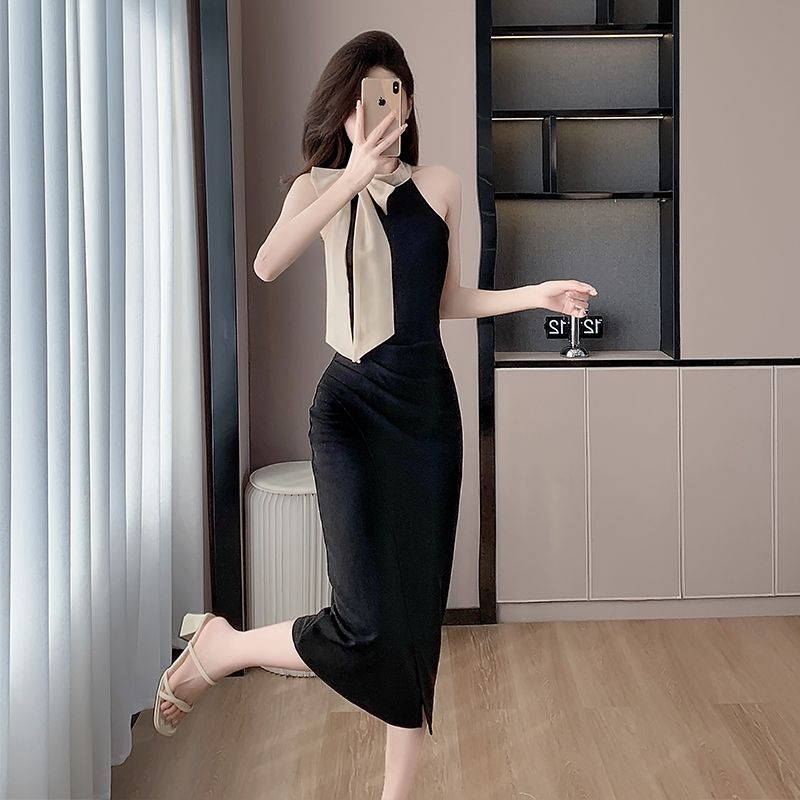 French-Style Formal 2025 Mid-Length Dress with Tie, Occasion Sense, High-End Niche Trendy Light Luxury Halter Neck New Summer Model