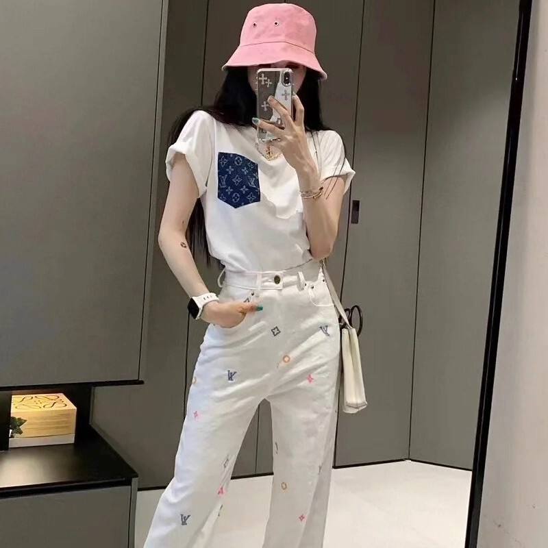 白色小香风牛仔裤女2025年秋季高腰刺绣小众设计感窄版宽松直筒裤|undefined
