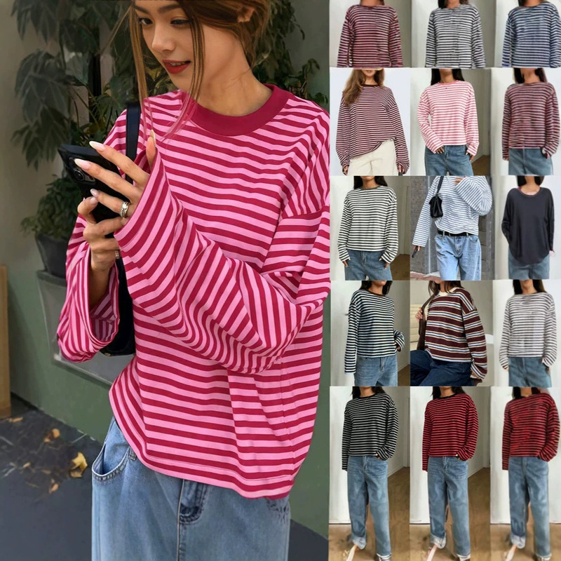 2026 Amazon New Striped Long Sleeve T-Shirt Women's Loose Round Neck Color Block Base Shirt Spring and Autumn Casual Top 2026 Amazon New Striped Long Sleeve T-Shirt Women's Loose Round Neck Color Block Base Shirt Spring and Autumn Casual Top