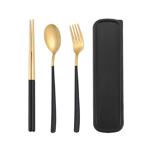 Stainless steel portable cutlery set fork spoon chopsticks Korean style three-piece set outdoor gift student with LOGO printing