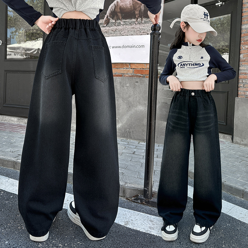(2개) 소녀 가을 청바지 2024 십대 검은 바지 큰 아이 학생 느슨한 외부 착용 레트로 넓은 다리 바지