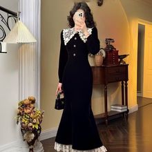 大码胖mm秋冬法式赫本高级感蕾丝拼接娃娃领包臀鱼尾连衣裙200斤