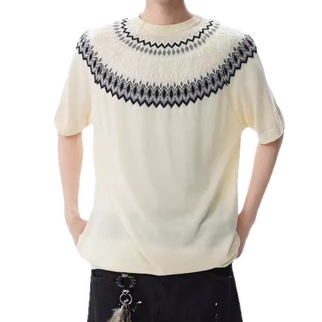 Isla de Fair camiseta de punto de manga corta camiseta de cuello redondo jacquard hombre viejo estilo casual hielo de verano fábrica transfronteriza mayorista