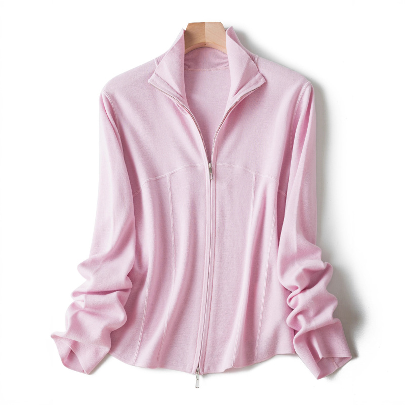 Double-Layer Densely Woven Merino Wool Stereo Splicing Double-Ended Zipper Stand-Up Collar Knitted Cardigan Sweater Jacket for Women 010