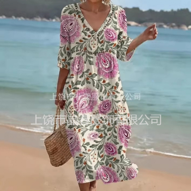 2026 New European and American Style V-Neck Printed Dress, Vacation Beach Loose Long Dress, Bohemian Fashion Style