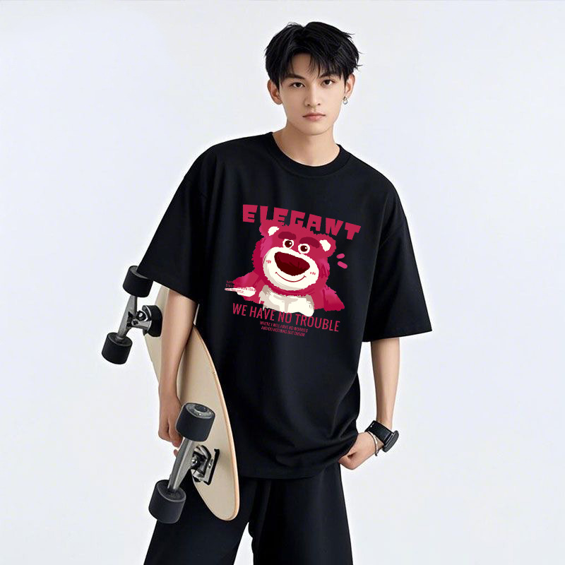 Strawberry Bear impresión versátil comercio exterior inns top de cuello redondo 2026 camiseta de manga corta casual blanco T pareja ropa para hombres y mujeres