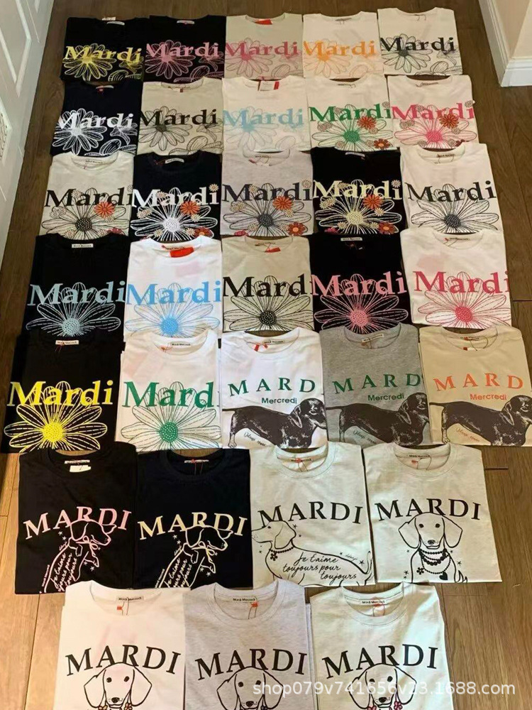 Korean Version In-Stock Mardi Short-Sleeve Women's 26 Summer New Daisy and Dachshund Print Round-Neck Pure Cotton Top T-Shirt