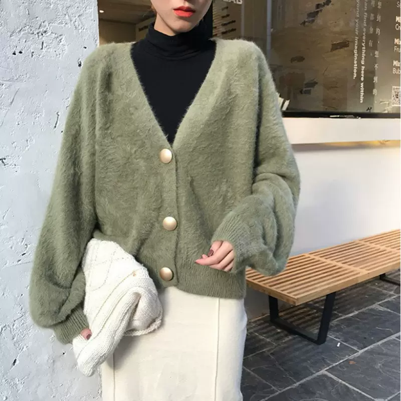 2025春秋冬新款女装仿水貂毛外套气质通勤短款宽松韩版针织开衫女