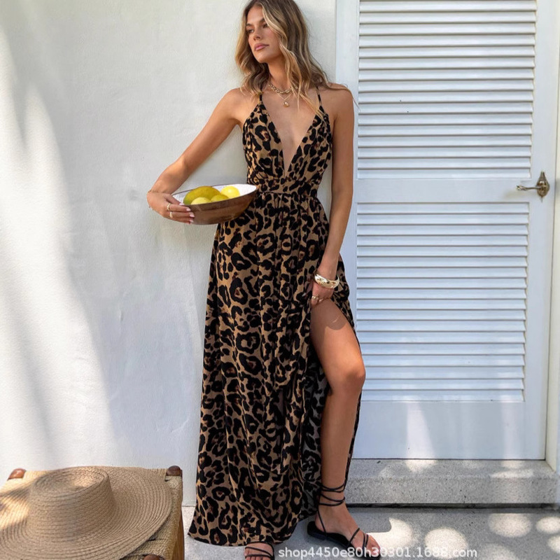 2025 European and American Summer New Leopard Print Suspender V Neck Dress High Waist Skirt Sexy Elegant Fashion Long Skirt Women's Clothing