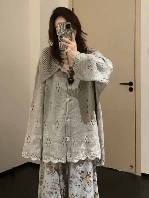 韩系慵懒风钩花镂空海军领纯色长袖针织开衫女秋冬宽松显瘦外套潮|undefined
